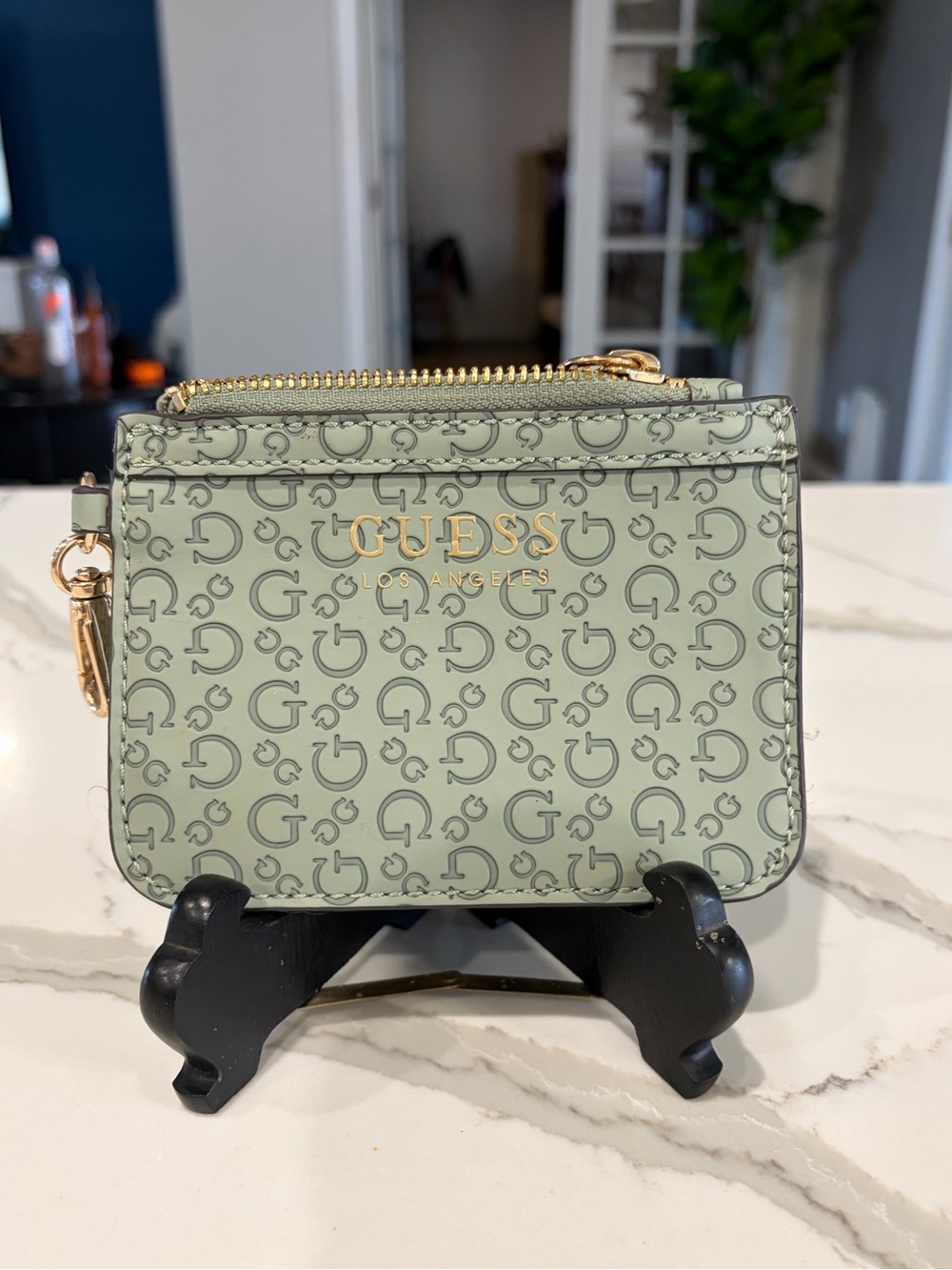 GUESS Mini Wallet in Sage Green with Gold Hardware